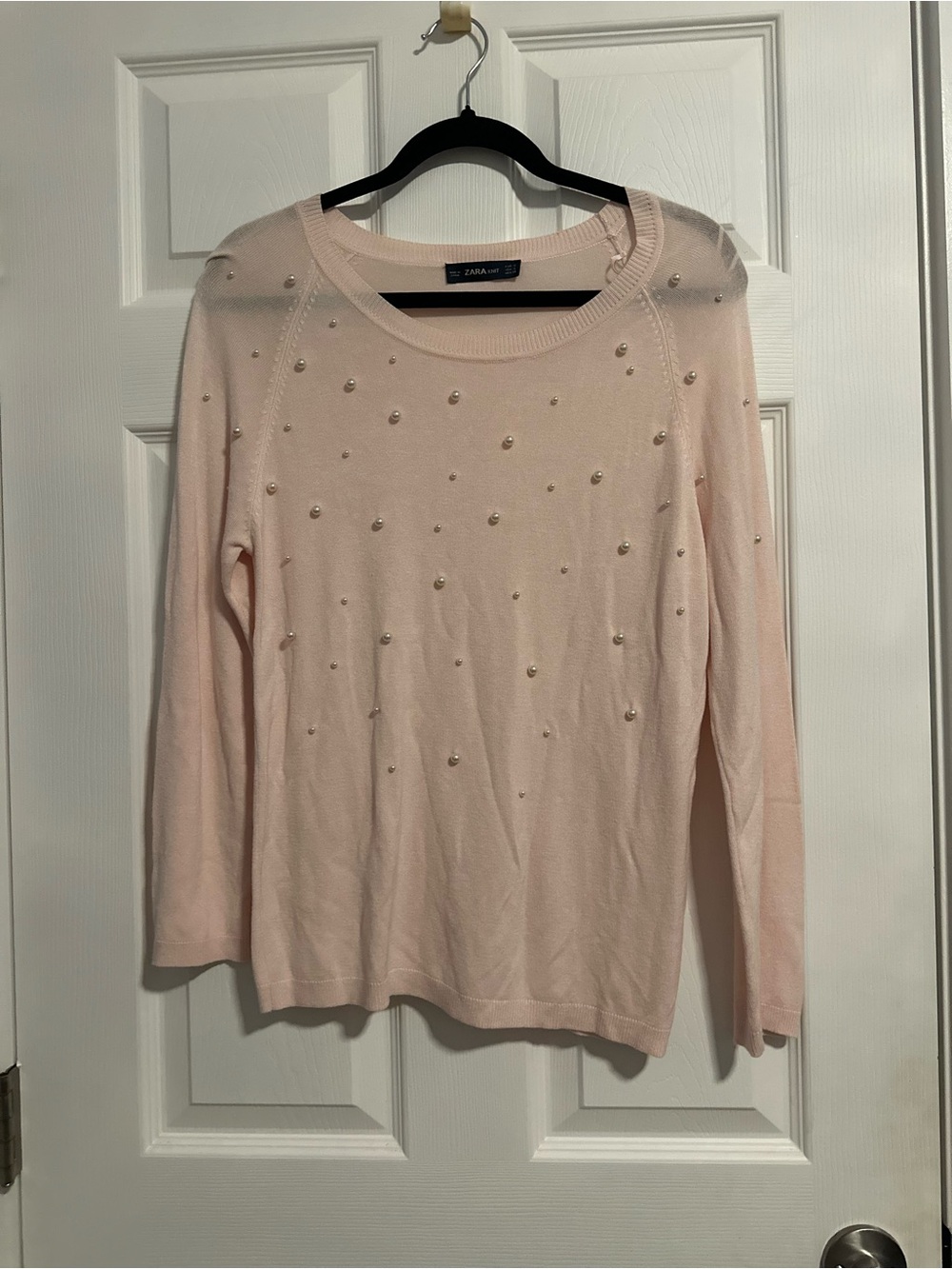 Zara Light Pink Pearl-Embellished Long Sleeve Top